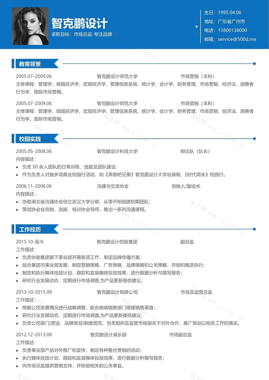 蓝色双页市场总监个人简历模板免费下载