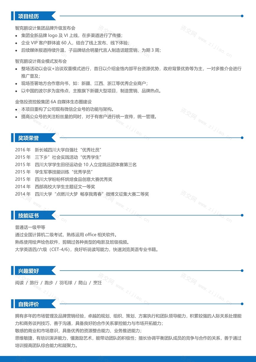 蓝色双页市场总监个人简历模板免费下载