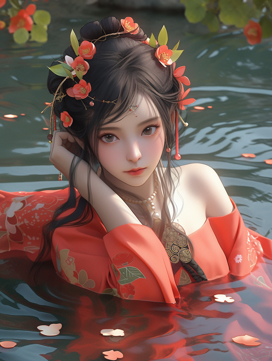 女孩在湖中游泳手机壁纸图片下载