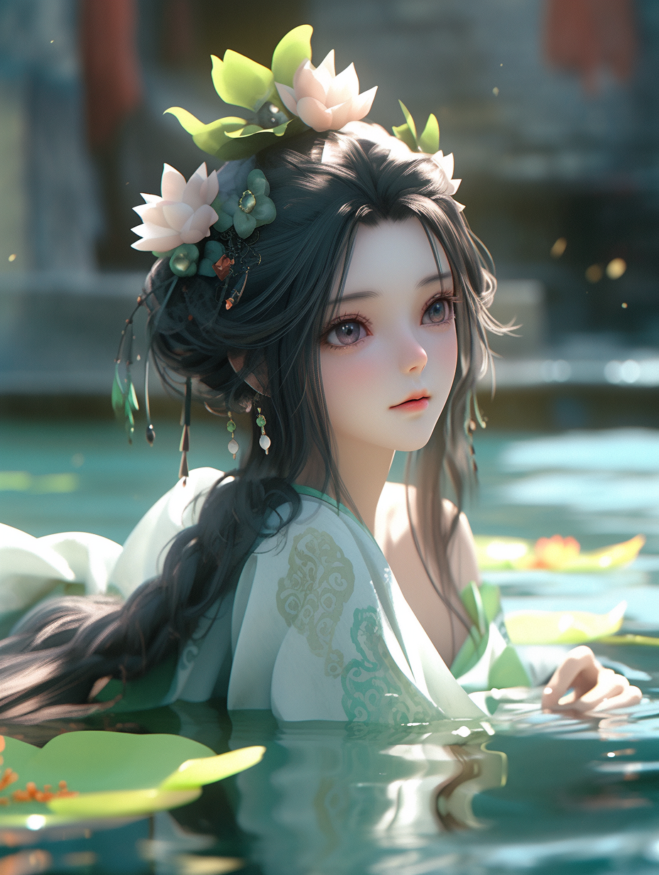 女孩在湖中游泳手机壁纸图片下载