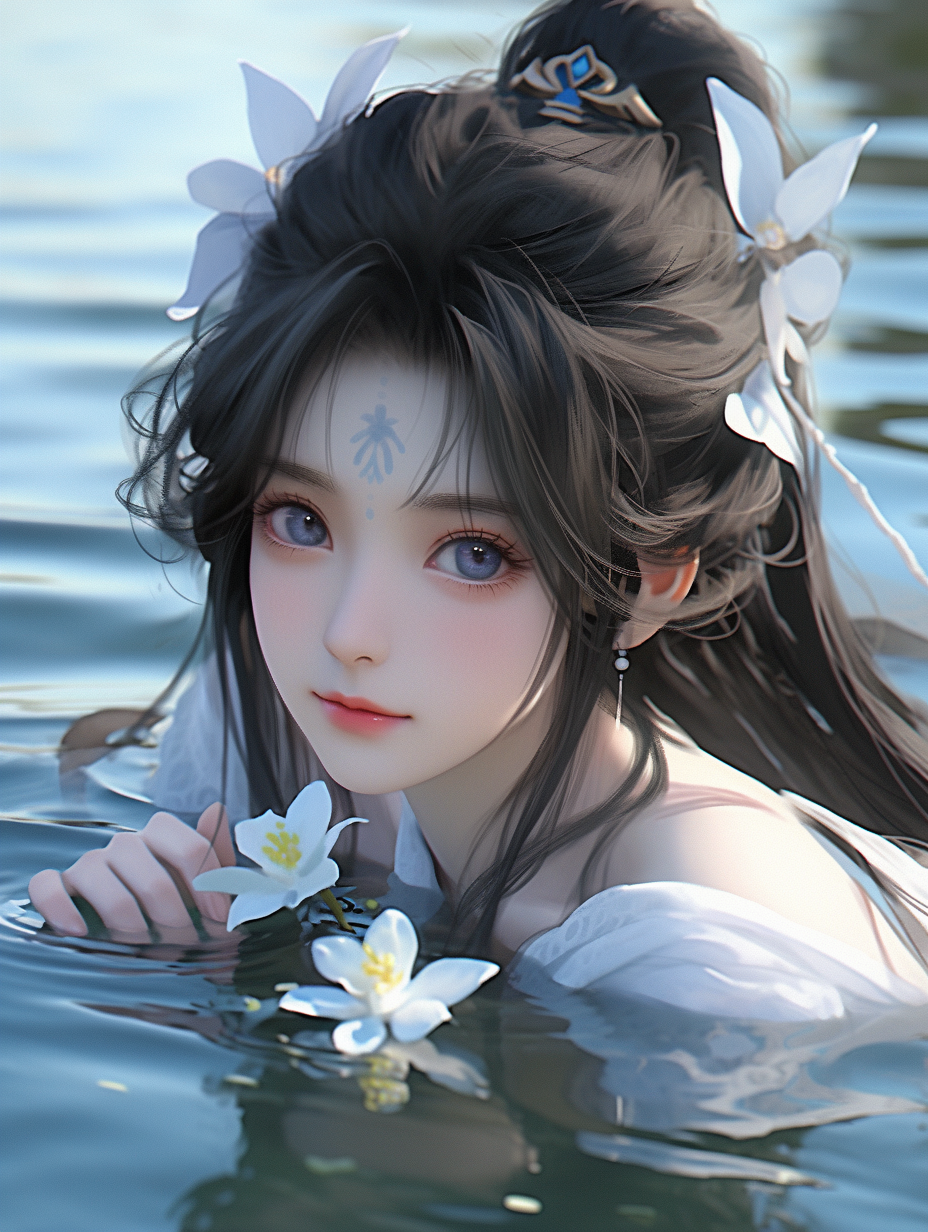 3d女孩在湖中游泳图片免费下载