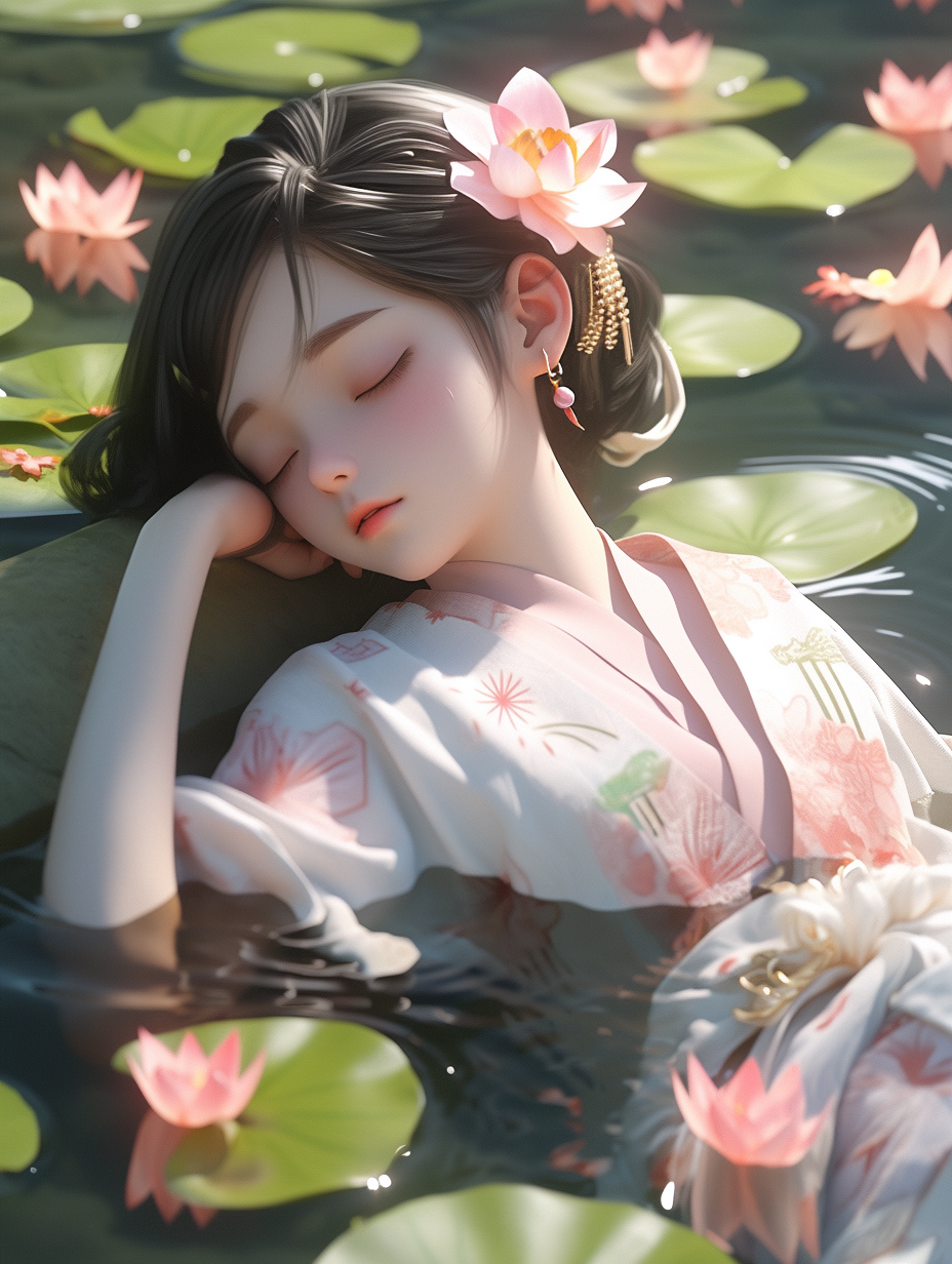 3d女孩在湖中游泳图片免费下载