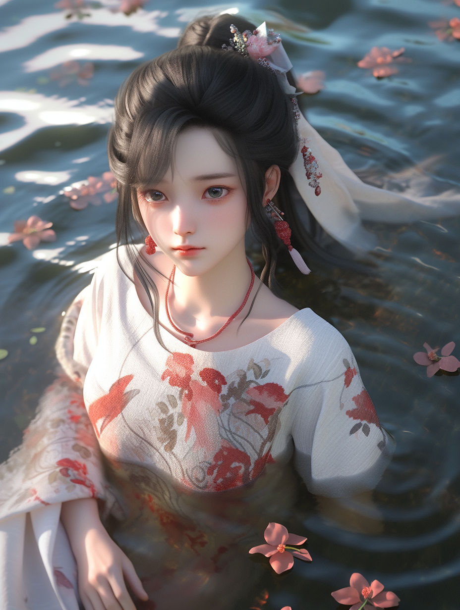 3d女孩在湖中游泳图片免费下载