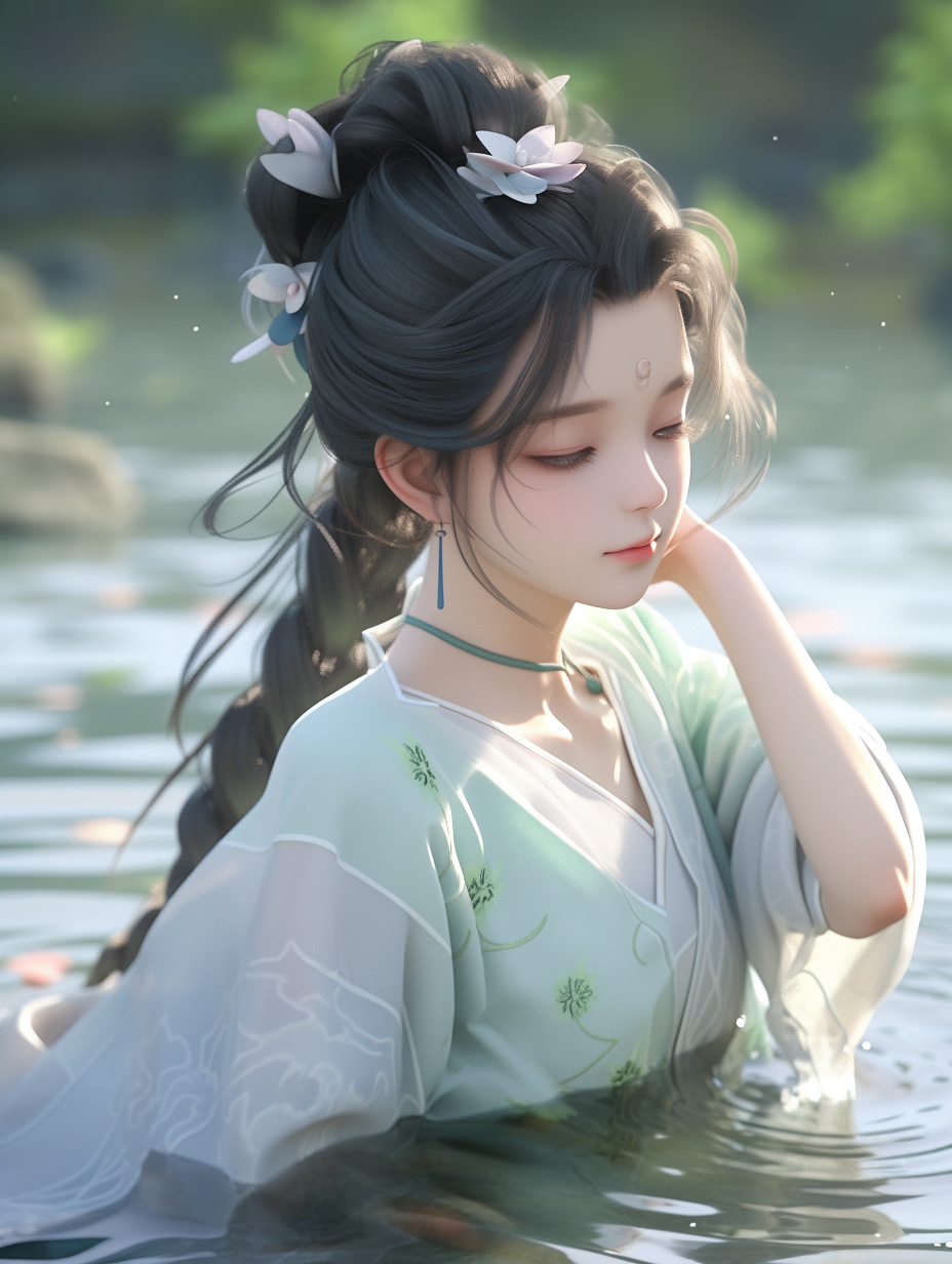 3d女孩在湖中游泳图片免费下载