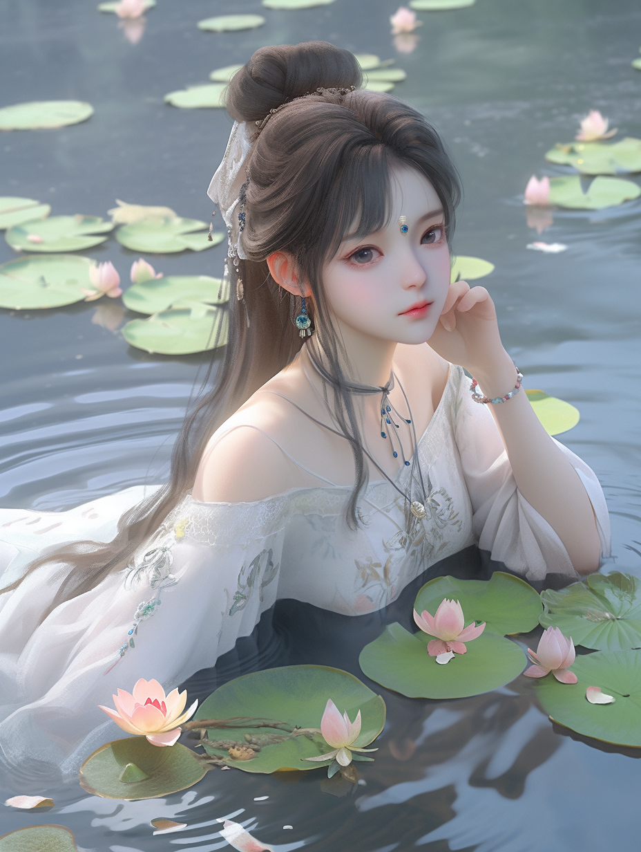 3d女孩在湖中游泳图片免费下载