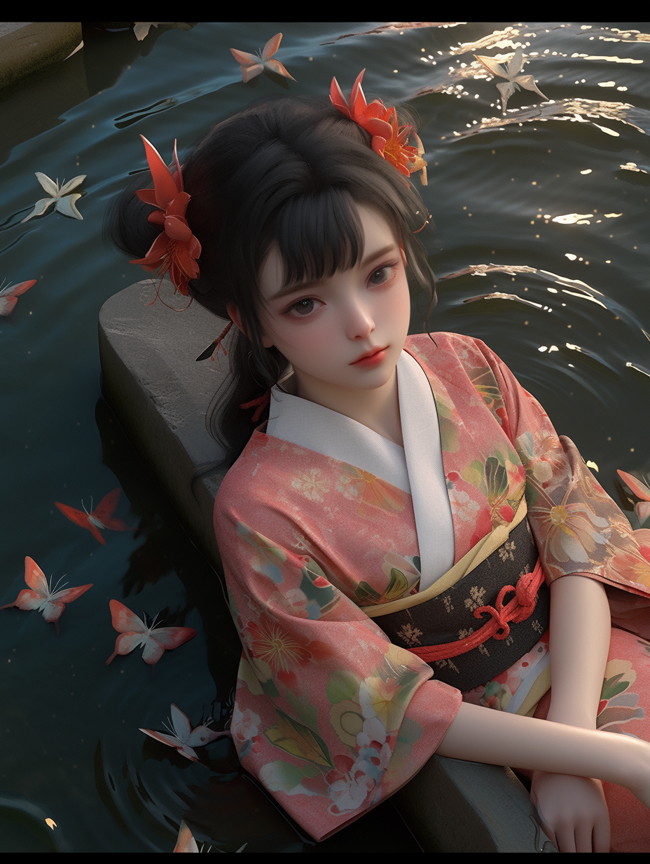 3d女孩在湖中游泳图片免费下载