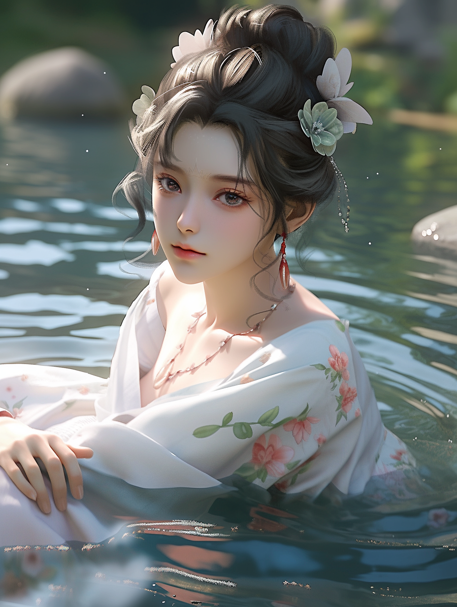 女孩在湖中游泳手机壁纸图片下载