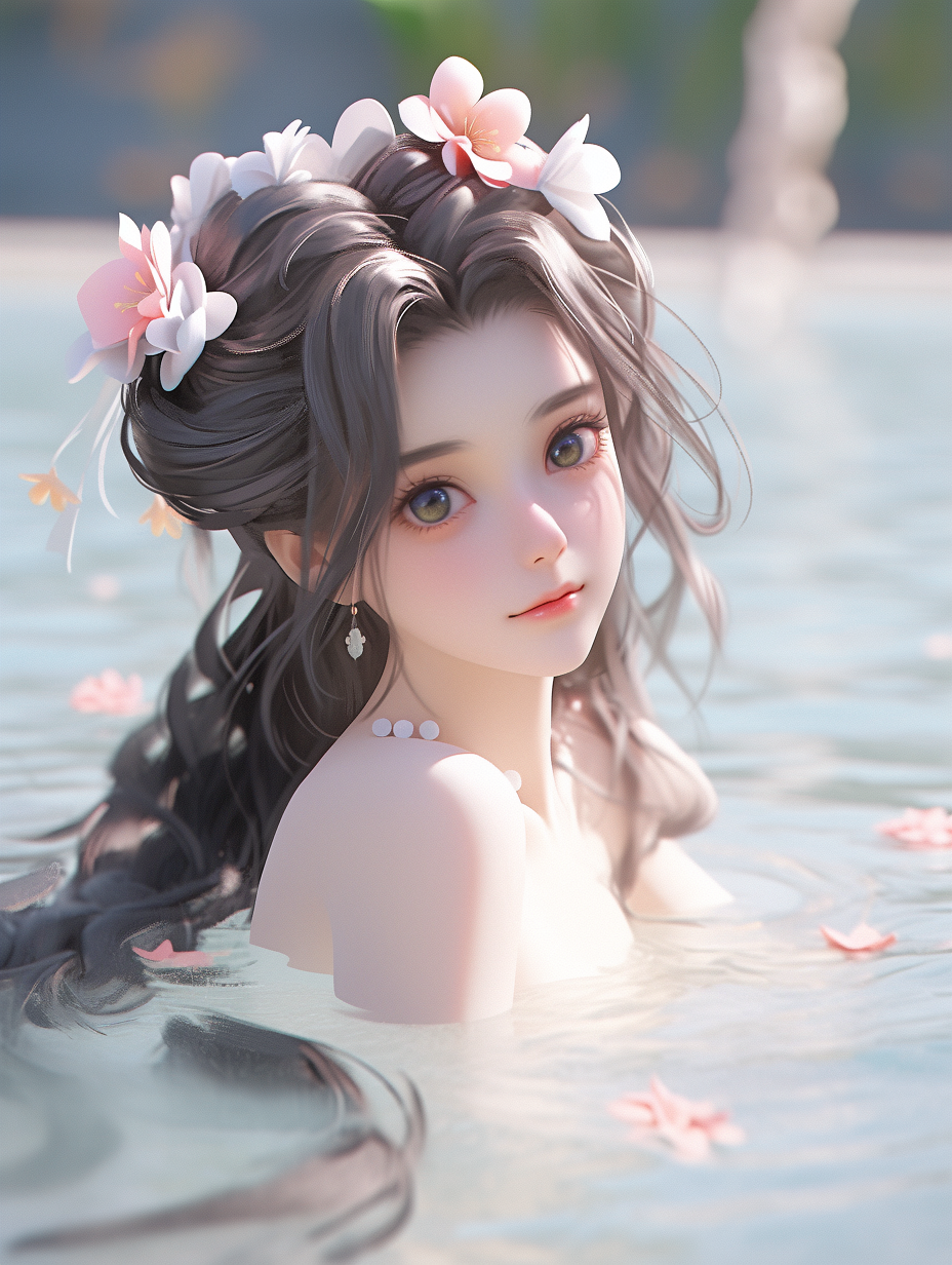 3d女孩在湖中游泳图片免费下载