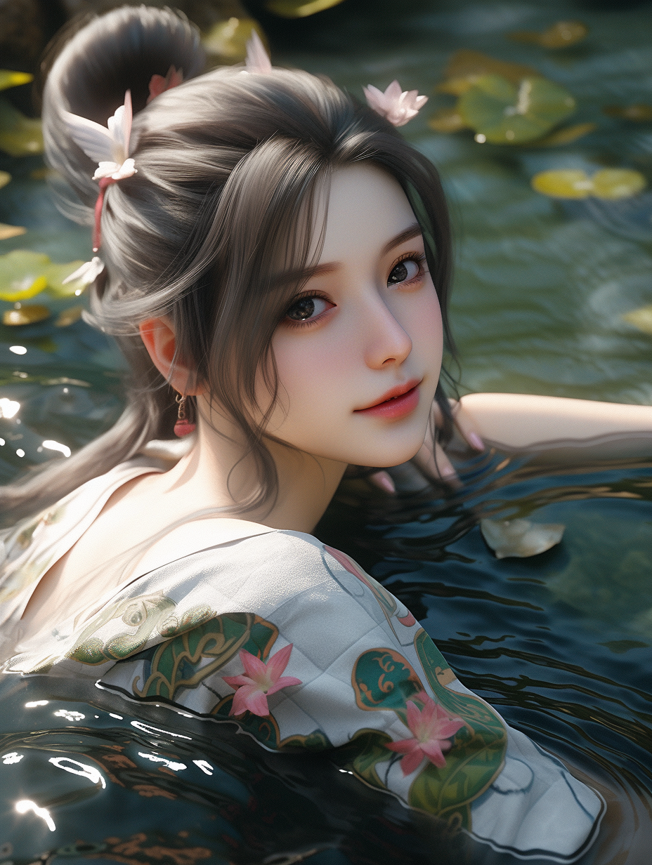 女孩在湖中游泳手机壁纸图片下载