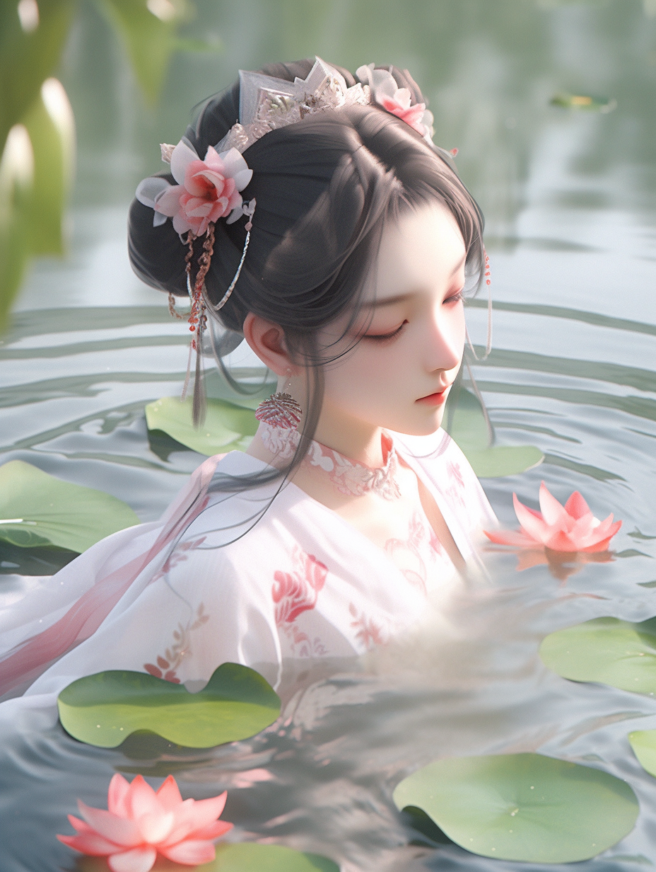 女孩在湖中游泳手机壁纸图片下载