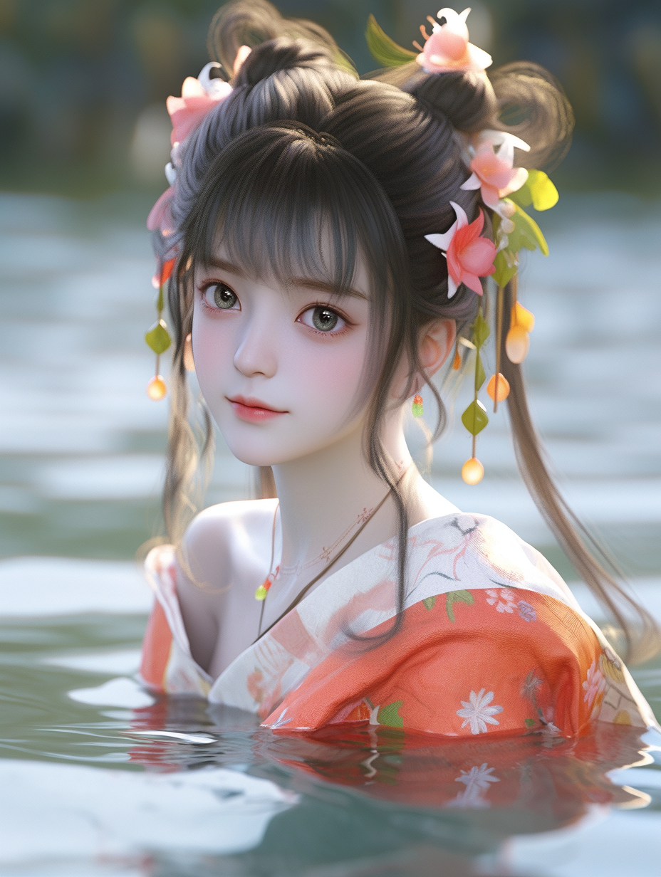 女孩在湖中游泳手机壁纸图片下载