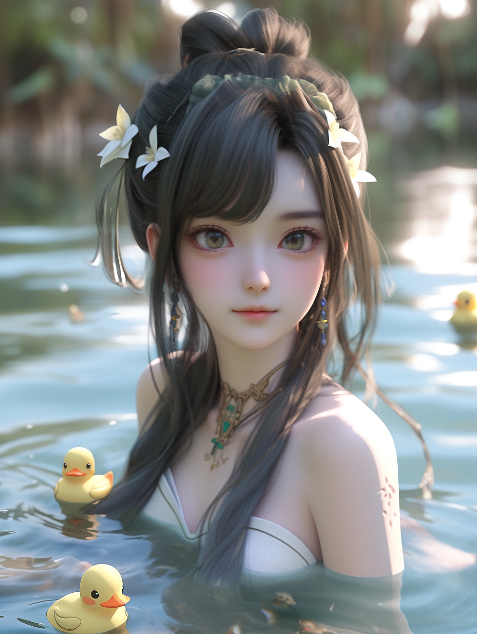 3d女孩在湖中游泳图片免费下载